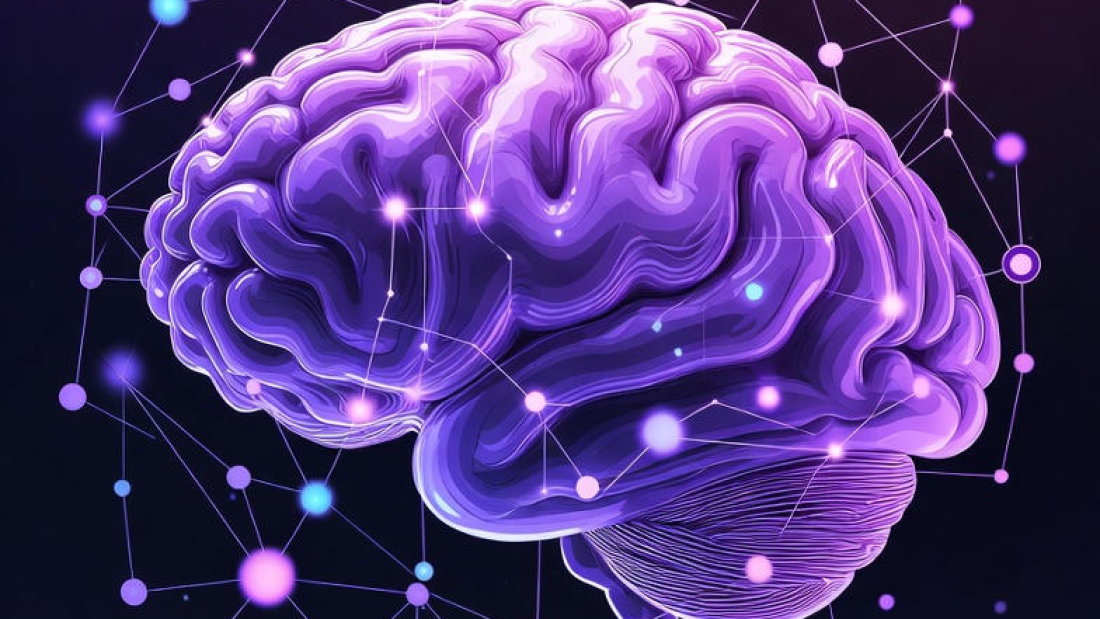 Abstract digital illustration of a glowing purple and blue neural network brain representing large language models (LLMs) and their preferences in content formatting for Answer Engine Optimization (AEO).