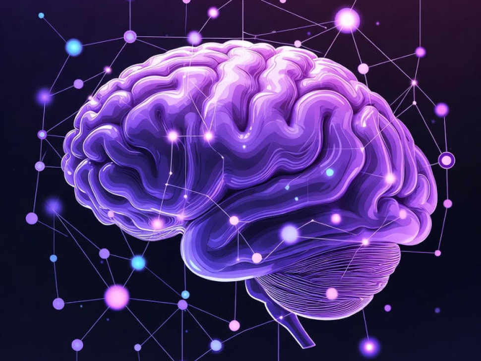 Abstract digital illustration of a glowing purple and blue neural network brain representing large language models (LLMs) and their preferences in content formatting for Answer Engine Optimization (AEO).